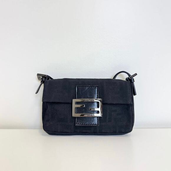 Fendi Handbags - FENDI Black Zucca Monogram Mini Baguette Bag Gunmetal FF Logo Hardware Handbag